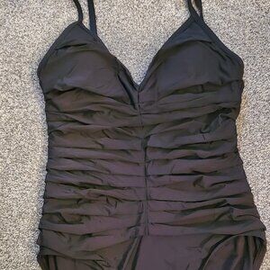 DKNY Women's Solid Pleated V-Neck One-Piece Swimsuit Small Black